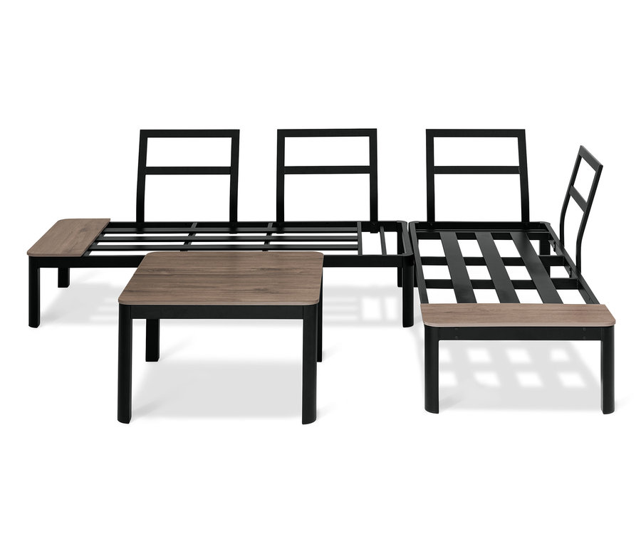 Schwarzer Rahmen der flexiblen Lounge-Ecke mit Duraboard®-Tischplatten.