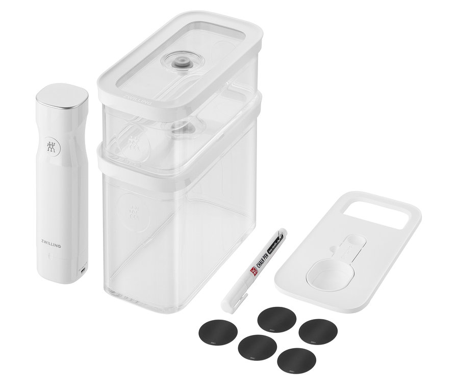 ZWILLING FRESH & SAVE CUBE, Starter-Set, M, 5-teilig: Vakuum-Pumpe, zwei Behälter, Halterung, Stift und schwarze Aufkleber.