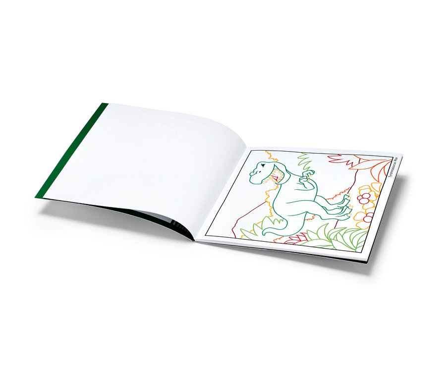 Aufgeschlagenes Buch »Zauberpapier Malbuch ‒ Gigantische Dinowelt« mit Dinosaurier-Illustration.