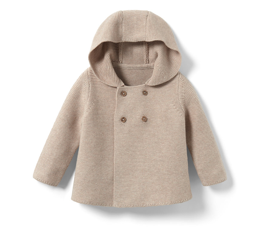 Beige melierte Baby-Strickjacke mit Kapuze und zwei Knöpfen.