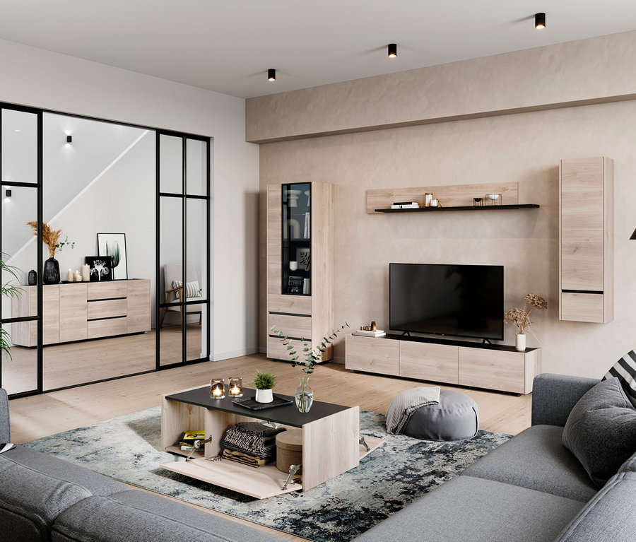 Wohnzimmer mit grauem Sofa, Couchtisch und Fernseher. Im Hintergrund befinden sich eine Vitrine »Cantoria«, ein Lowboard »Cantonia« mit 3 Klappen, ein Hängeschrank »Cantoria« und ein Sideboard »Cantoria«.