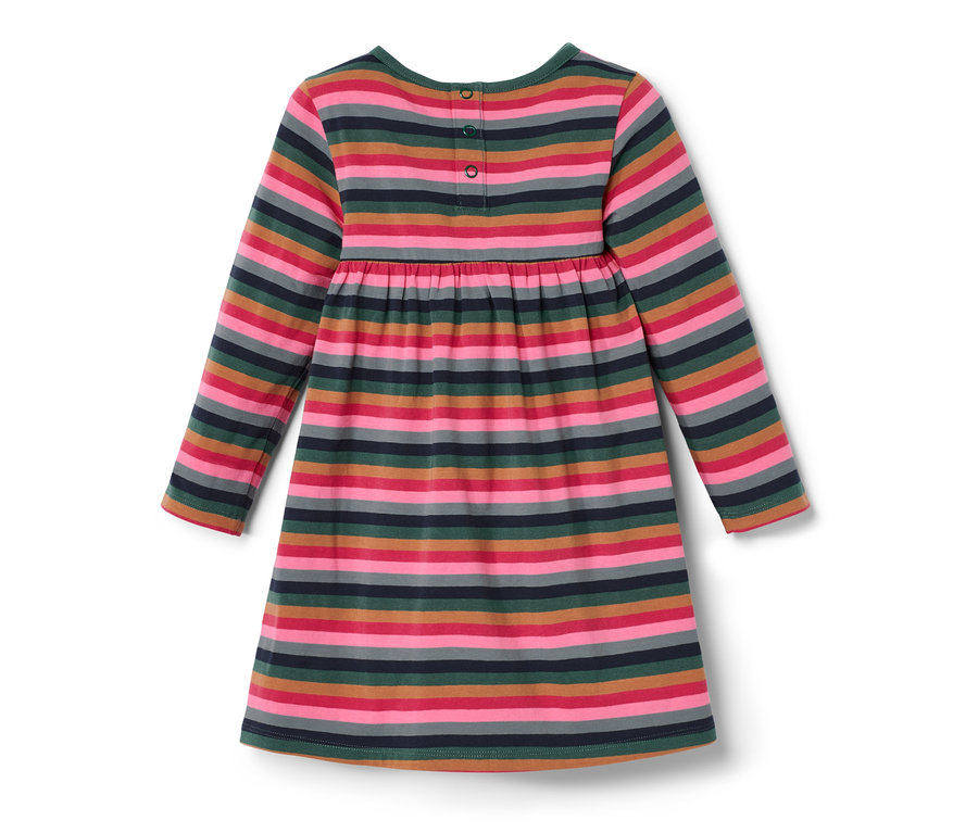 Gestreiftes Kleinkind-Jerseykleid mit langen Ärmeln und Knopfverschluss hinten.