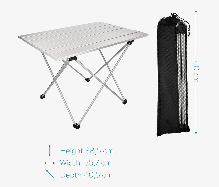 Ein Navaris Campingtisch, faltbar, und seine Tragetasche.