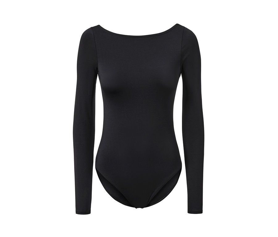 Schwarzer Sport-Body mit langen Ärmeln.