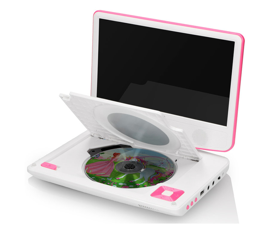 Weißer Lenco DVP-920PK tragbarer DVD-Player mit rosa Details und geöffnetem Deckel, in dem sich eine DVD befindet.
