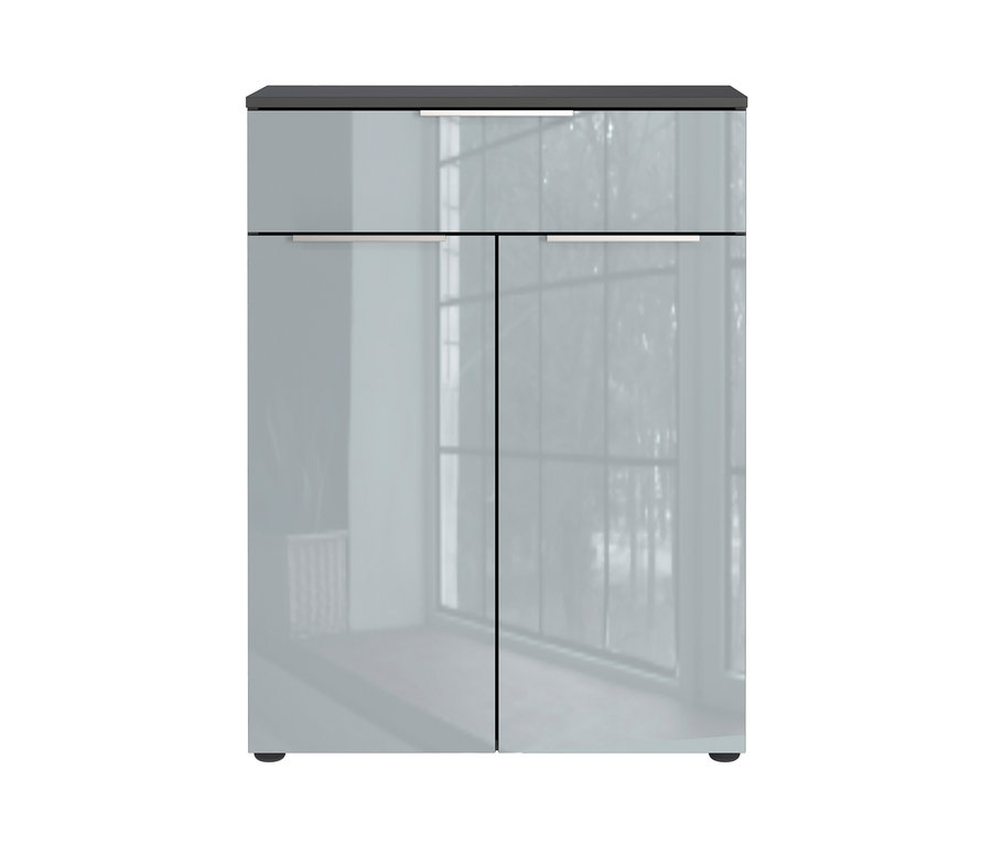 Graue Kommode »Vasio« mit zwei Schubladen und Türen.