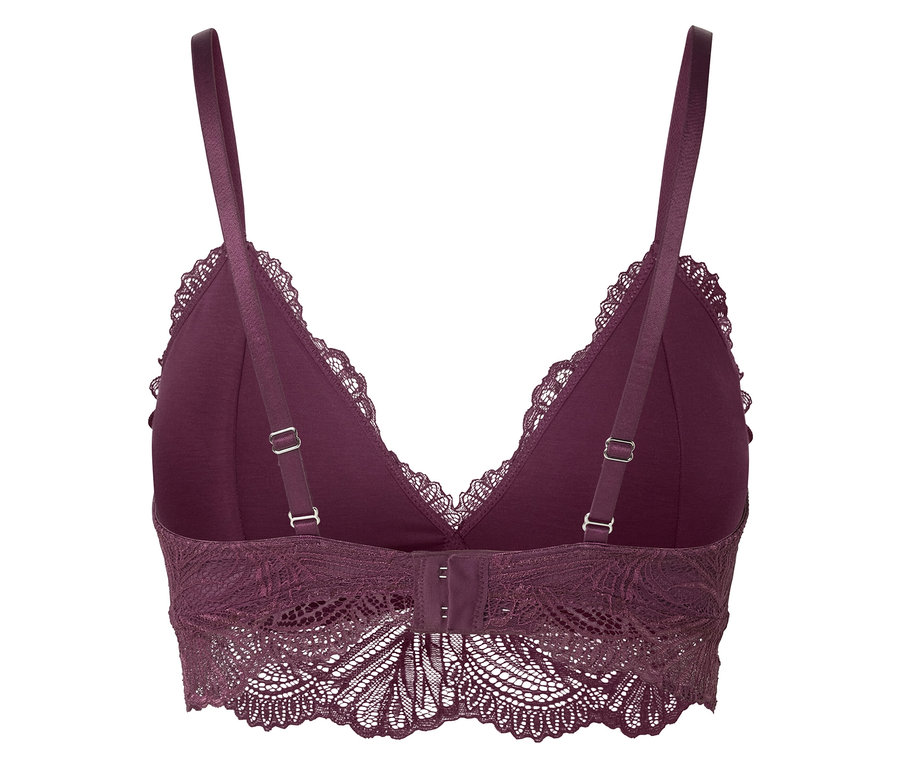 Detailaufnahme eines lila Spitzen-BHs mit verstellbaren Trägern, Rückansicht.