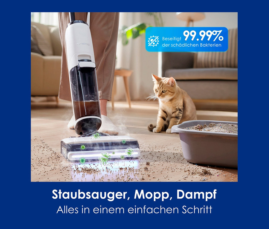 Person verwendet Tineco Floor One S7 Steam Plus auf dem Boden, in der Nähe eine Katze und ein Katzenklo.