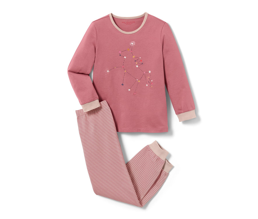 Kinder-Pyjama Einhorn, Glow in the dark. Der Pyjama ist rosa mit langen Ärmeln und gestreiften Hosen.