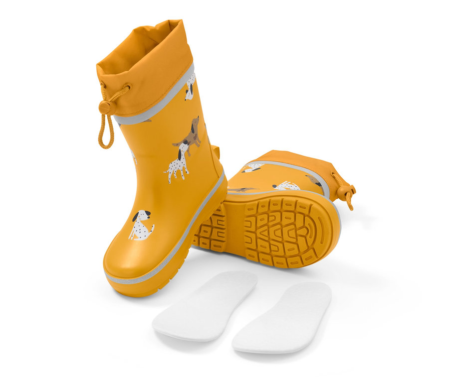 Gelbe Gummistiefel mit Hundemotiv und Innensohle.