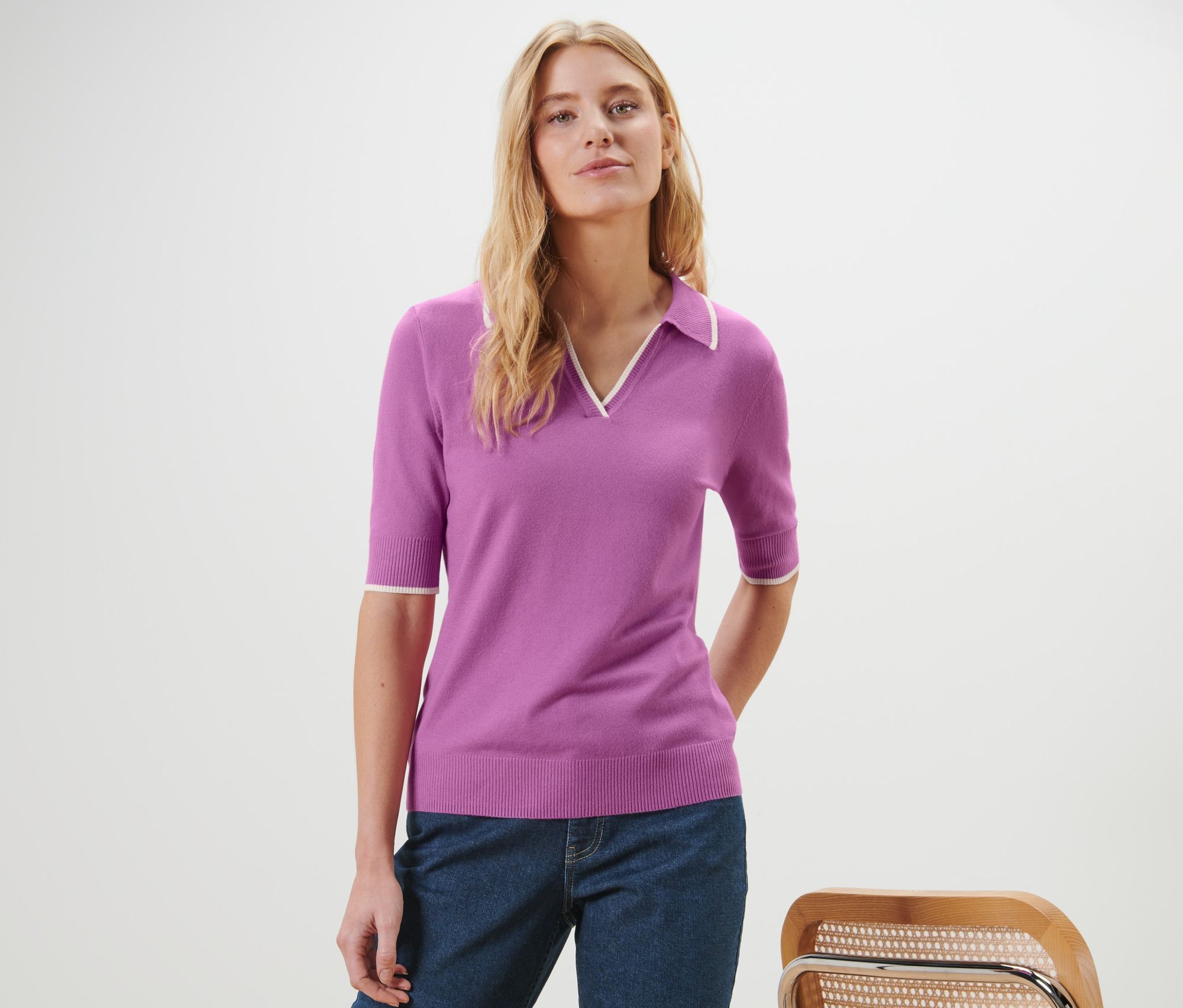 Thumbnail - Tchibo - Feinstrick-Polo - Damen - Gr. S - creme