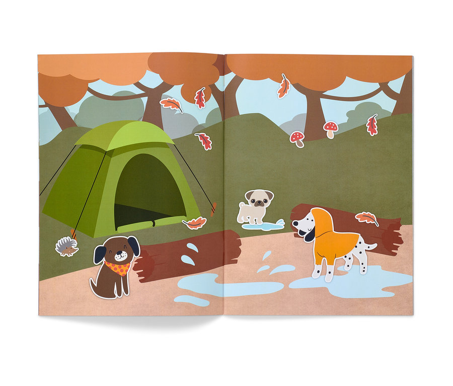 Geöffnetes Buch mit Illustration eines Waldcamps, inklusive Zelt und Tieren.