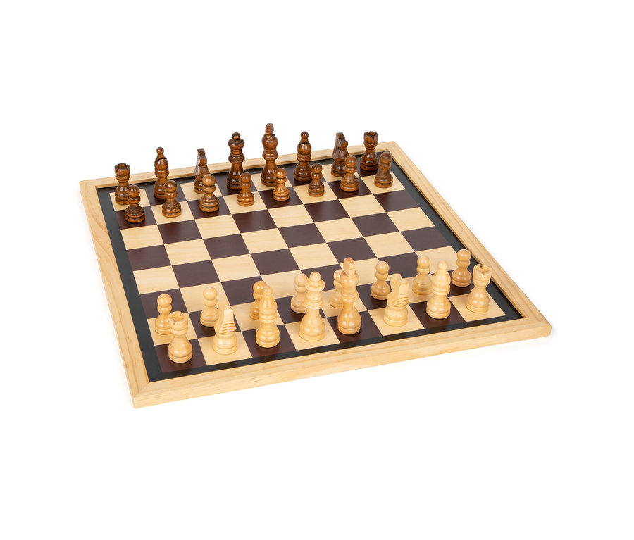 Schachbrett mit Holzfiguren im Spielaufbau, von small foot Spielesammlung, 20 Klassiker.