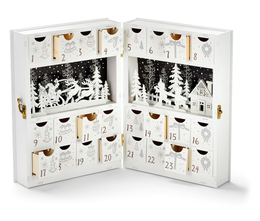 Geöffneter, weißer LED-Adventskalender mit Winterlandschaftsmotiv.
