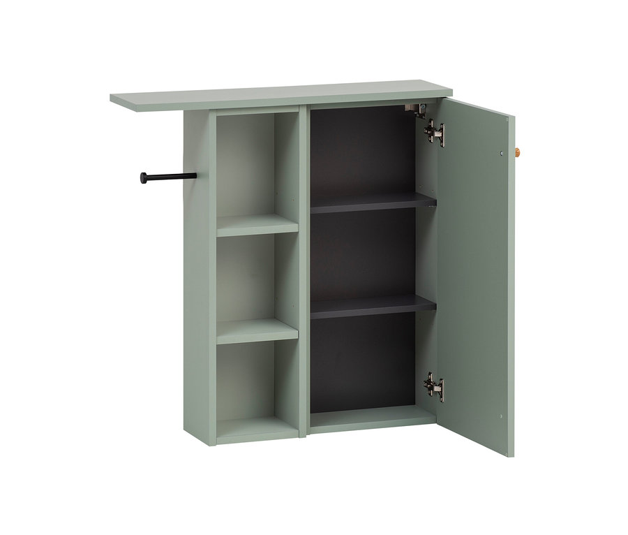 Pistazienfarbener Nischenschrank »Bjarne« mit offener Tür und Regalen.