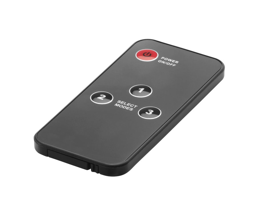 Schwarze Fernbedienung mit Tasten zum Ein-/Ausschalten und Auswählen von Modi. Zu sehen ist ein ONE FOR ALL 4K HDMI Umschalter »SV1632«.