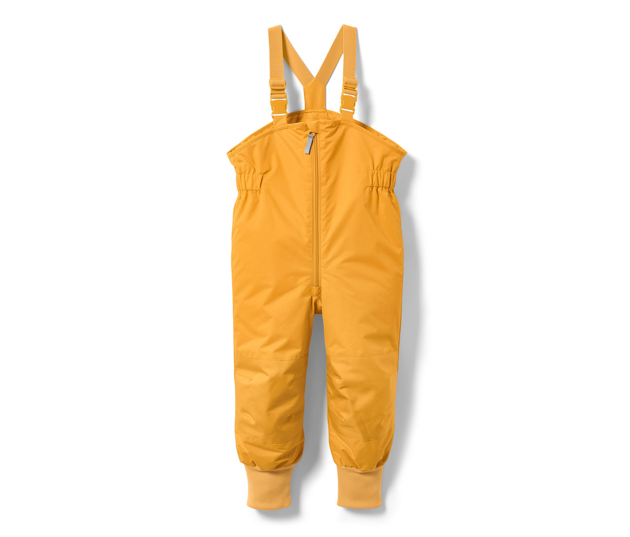 Kleinkind-Thermo-Regenhose in Korngelb mit Trägern und Reißverschluss.