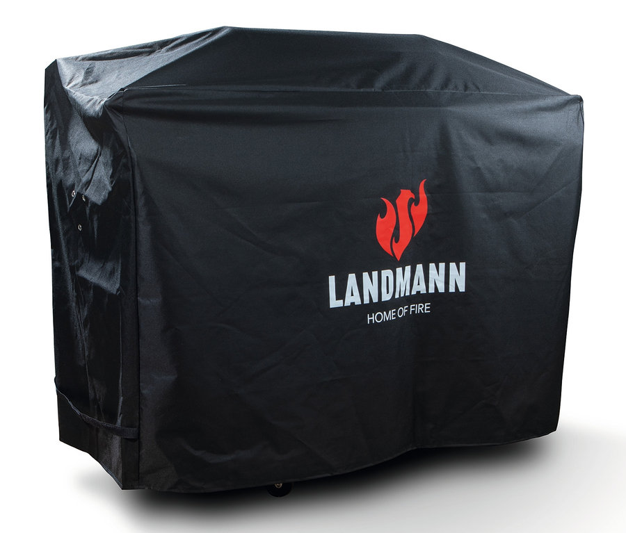 Schwarze Landmann Abdeckhaube für einen Grill mit dem Landmann Home of Fire Logo.
