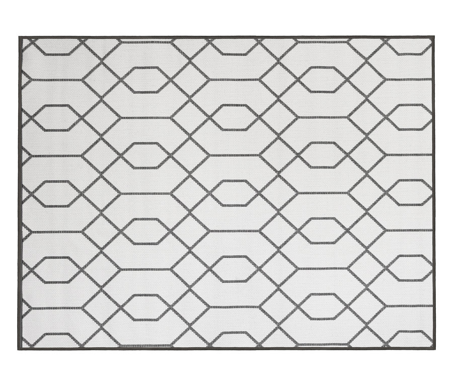 Grau-weißer Outdoor-Wende-Teppich mit geometrischem Muster.