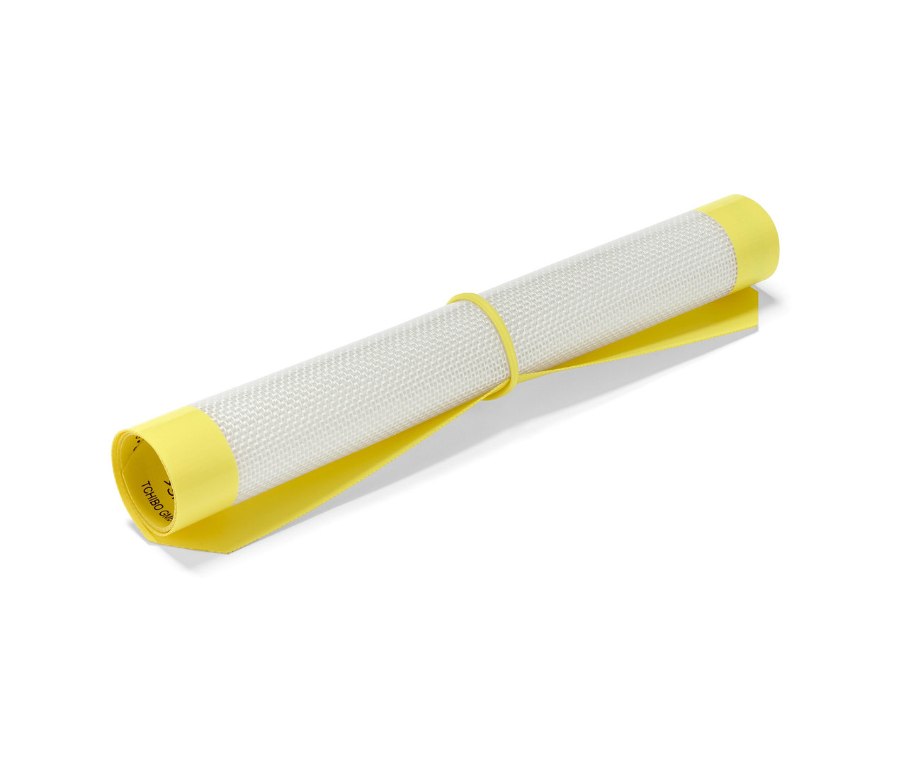 Eine zusammengerollte, glasfaserverstärkte Dauerbackmatte mit gelbem Band.