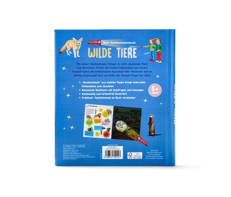 Blaues Buch "Mein Taschenlampenbuch – wilde Tiere" mit Abbildungen von Tieren und Kindern, die mit einer Taschenlampe spielen.
