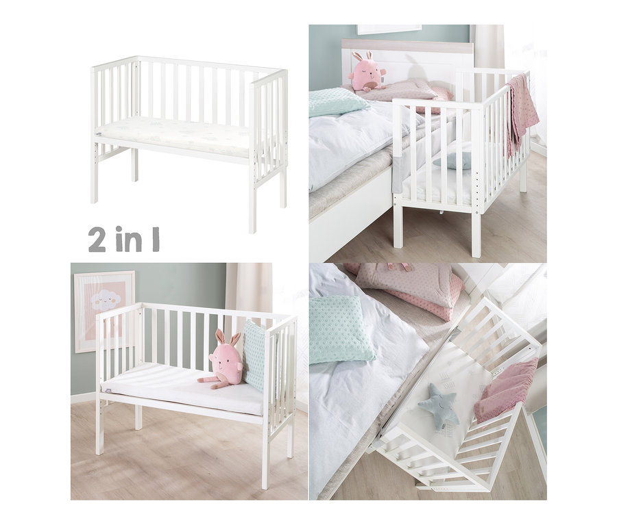 Vier Aufnahmen von einem weißen roba 2-in-1-Beistellbett »safe asleep®«.