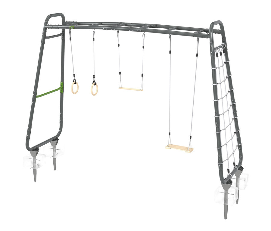 Graues EXIT Klettergerüst »MB310« mit zwei Schaukeln, Turnringen und Netz.