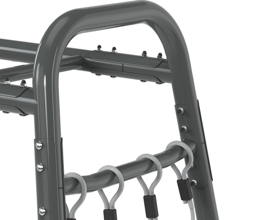 Detailansicht des grauen EXIT Klettergerüsts "MB310" mit Seilnetz.