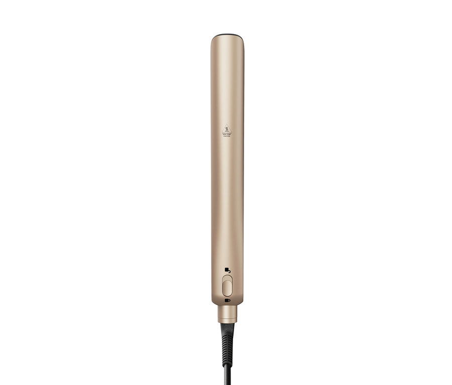 Goldenes Silk'n Infrarot Glätteisen SilkyStraight mit schwarzem Kabel.