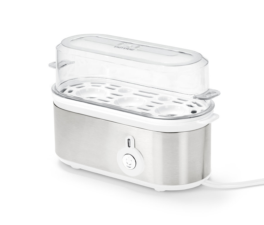 Ein silberner Eierkocher mit einem durchsichtigen Deckel.