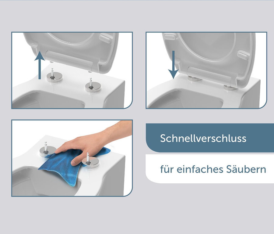 Montage und Reinigung des SCHÜTTE Duroplast-High-Gloss-WC-Sitz »ROUND DIPS« werden dargestellt.