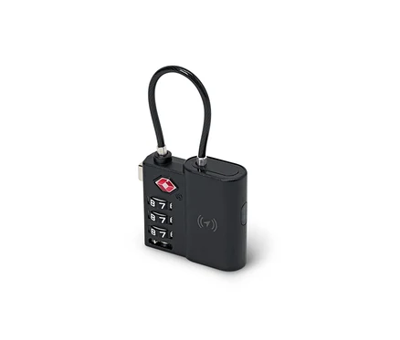 Schwarzes Smart-TSA-Schloss mit Tracker, Zahlencode und flexiblem Kabel.
