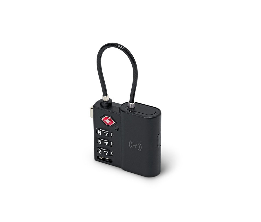 Schwarzes Smart-TSA-Schloss mit Tracker, Zahlencode und flexiblem Kabel.
