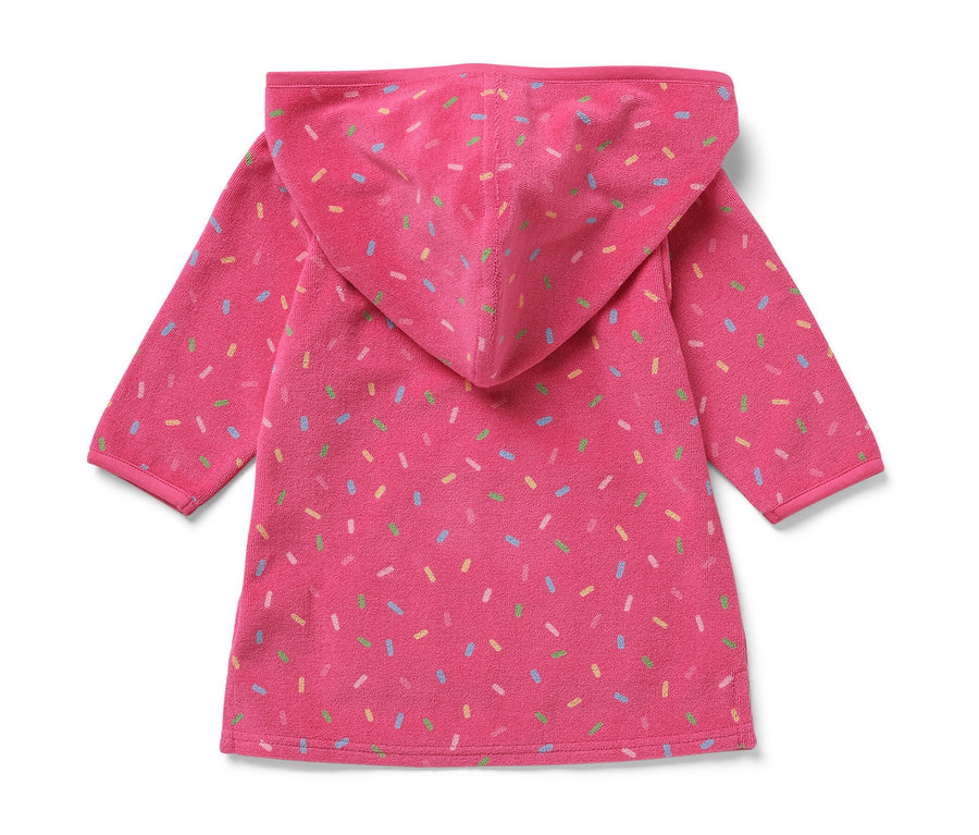 Rosa Kinder-Frottierponcho mit Kapuze und bunten Streuseln.