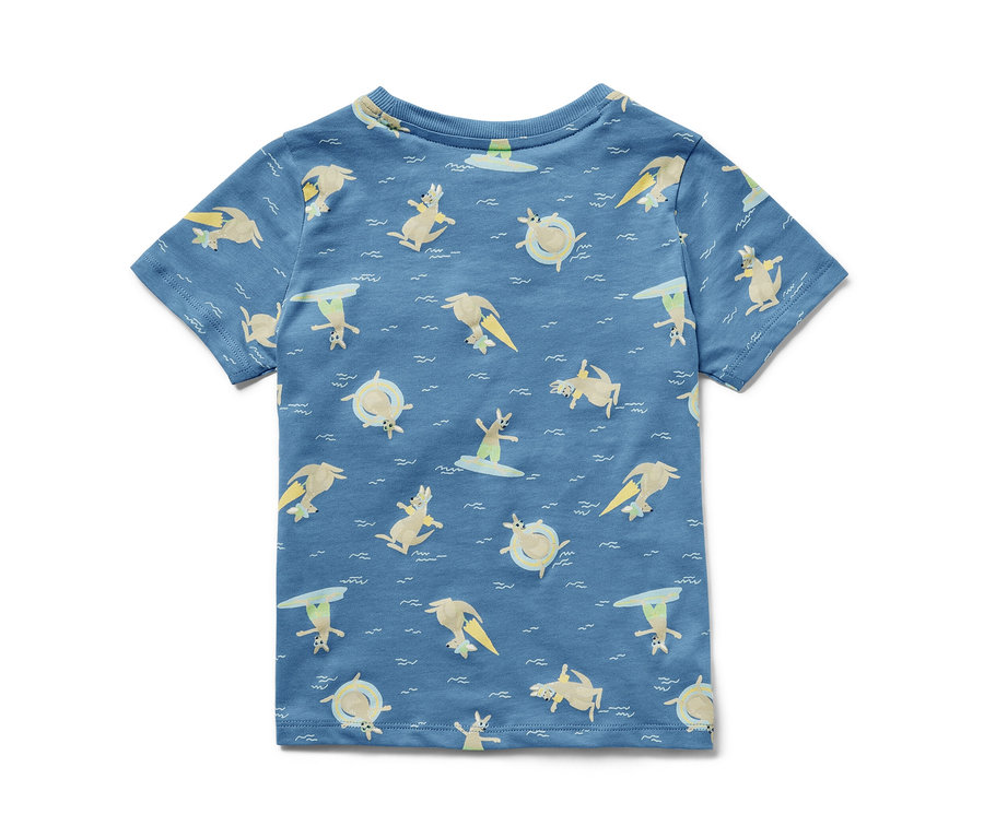Blaues Kinder-T-Shirt mit Känguru- und Surfbrett-Muster.