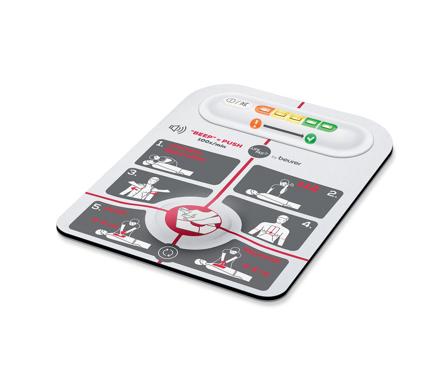 Illustrierte Anleitung zur Verwendung des Beurer LifePad zur Wiederbelebung.