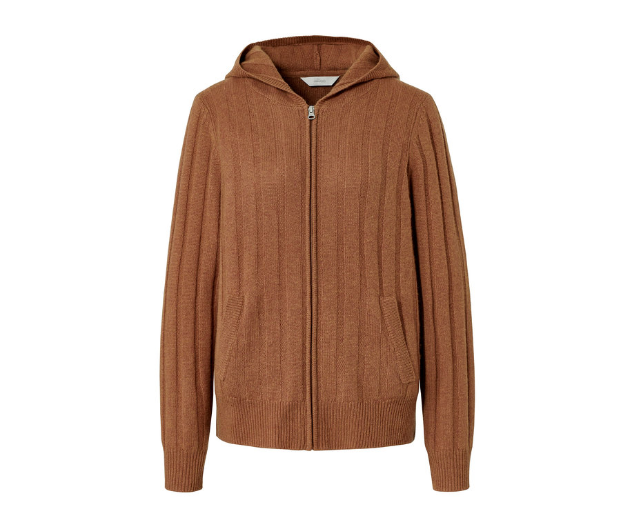 Eine braune Premium Woll-Cashmere-Kapuzenjacke mit Reißverschluss.