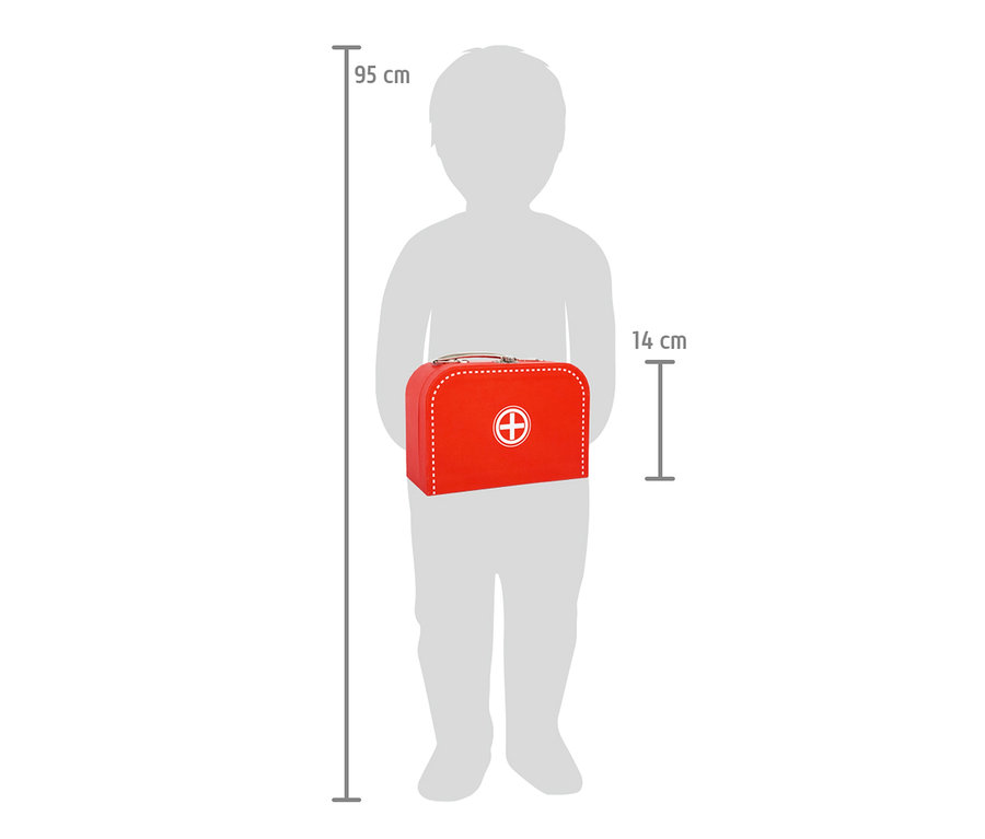 Silhouette eines Kindes, das einen roten Koffer mit weißem Kreuz hält, ein small foot Arztkoffer-Spielset.