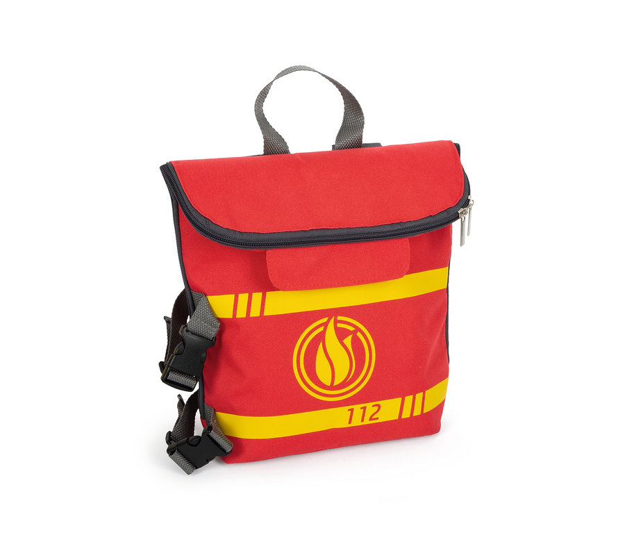 Roter Feuerwehrrucksack von small foot mit gelben Details.