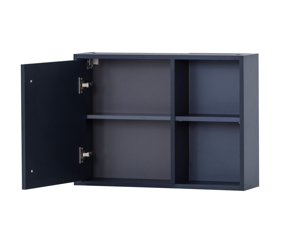 Ein offener nachtblauer Hängeschrank "Kent" mit zwei Regalen.