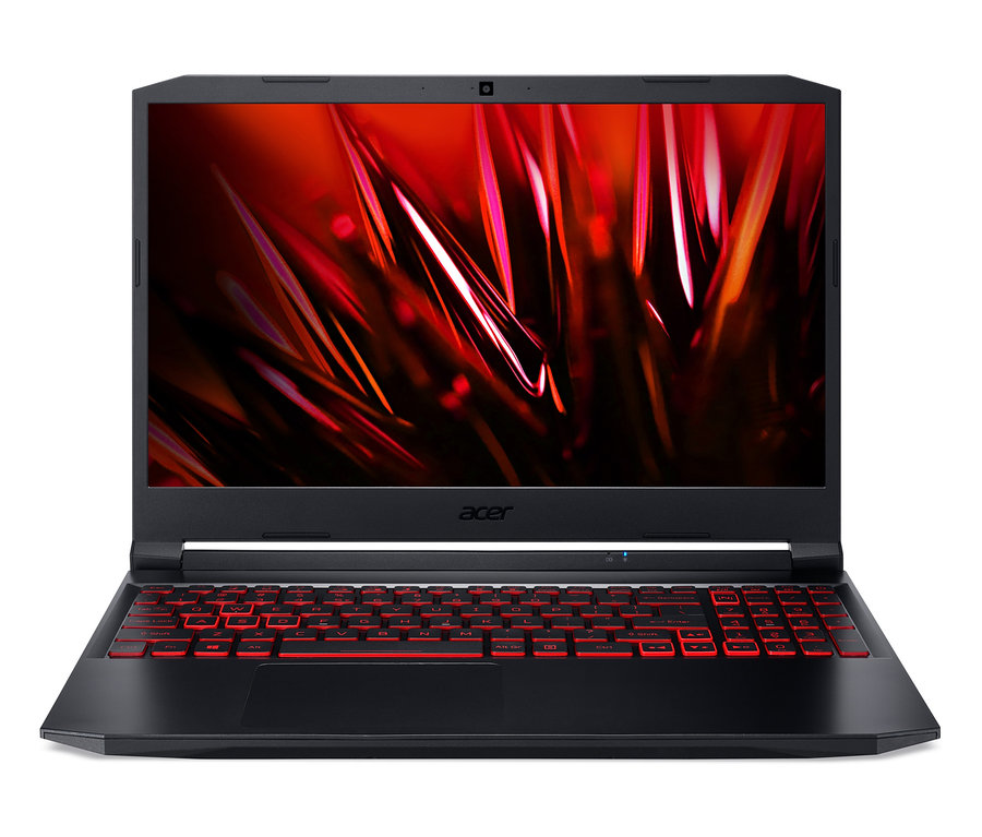 Schwarzes Gaming-Notebook mit rot beleuchteter Tastatur. Zu sehen ist ein Acer Nitro 5 AN515-57-54LL Gaming-Notebook.