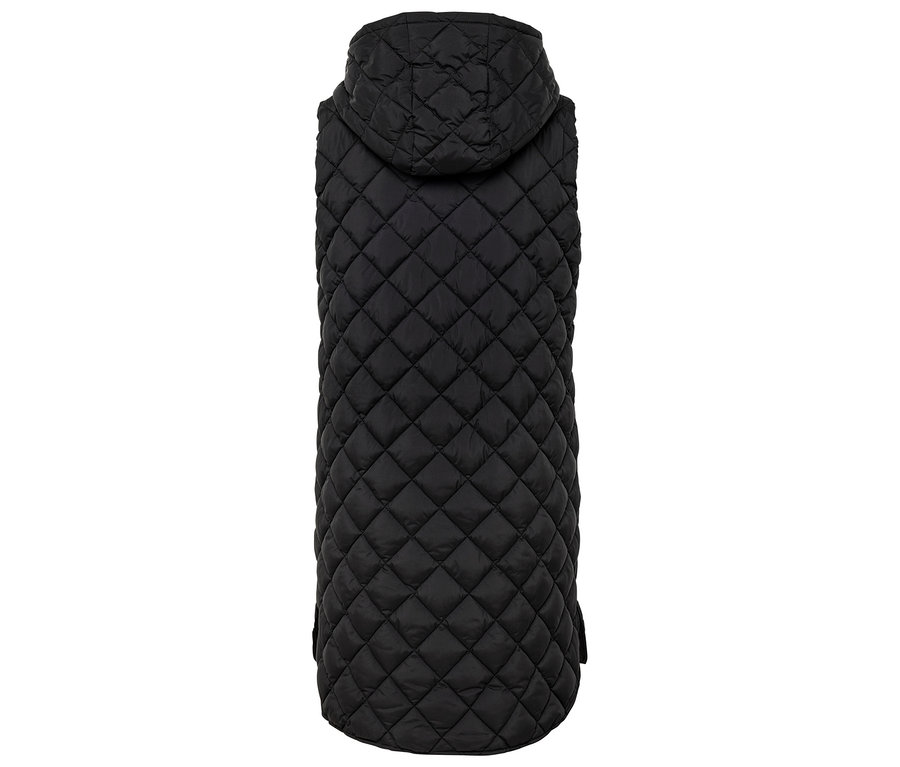 Schwarze Steppweste mit Kapuze, Rückansicht.