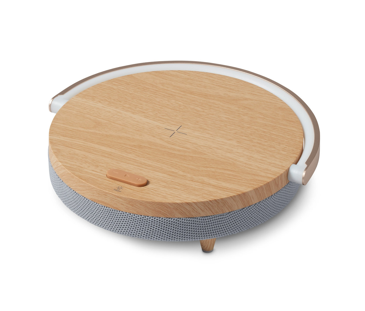 Ein Bluetooth-Lautsprecher mit kabellosem Ladegerät und LED-Nachtlicht auf einem weißen Hintergrund.