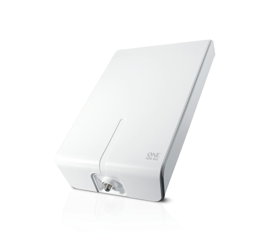 Weiße ONE FOR ALL DVB-T2-Außenantenne »SV9455« auf weißem Hintergrund.