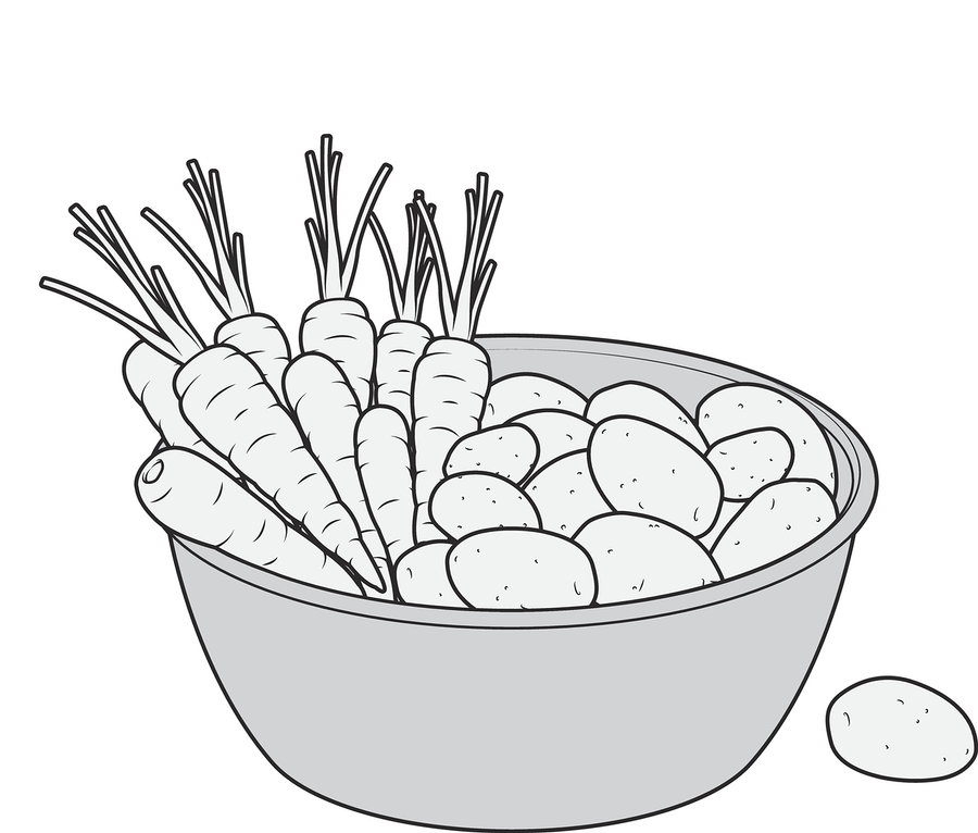 Eine Emaille-Allround-Schüssel gefüllt mit Karotten und Kartoffeln.