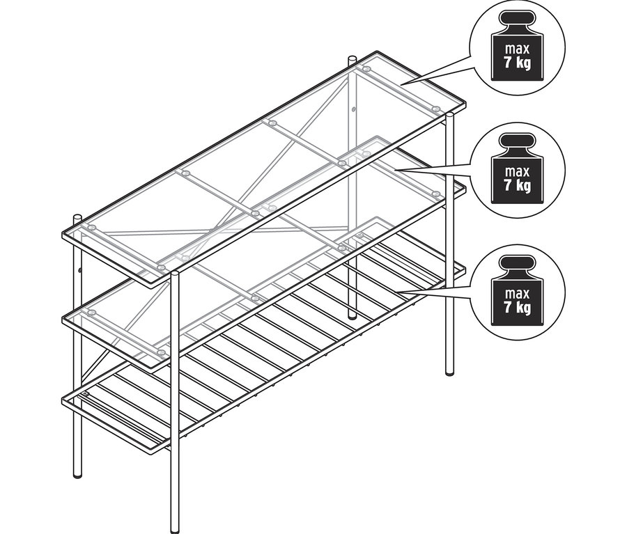 Skizze einer Konsole, Breite ca. 120 cm, mit drei Ablagen.