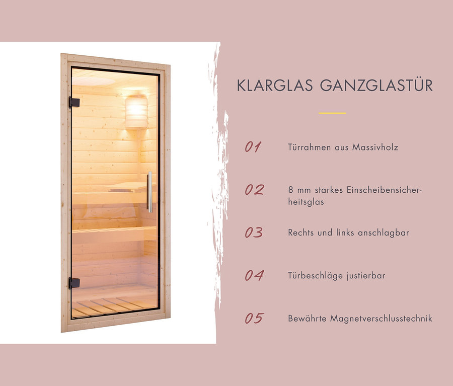 Klarglas-Ganzglastür mit Türrahmen aus Massivholz.