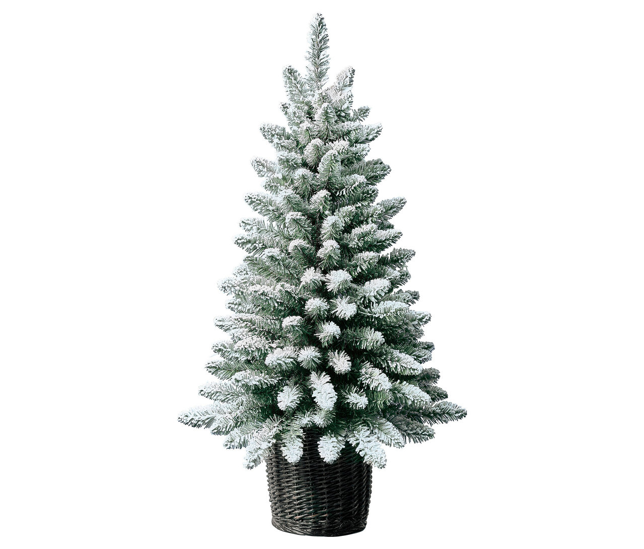 Im Korb stehender, schneebedeckter Evergreen LED-Weihnachtsbaum mit geflochtenem Übertopf, ca. 90 cm.