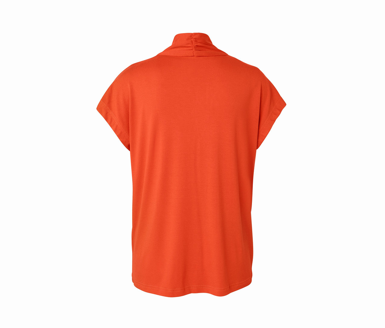 Rückansicht des orangefarbenen Blusenshirts mit V-Ausschnitt.