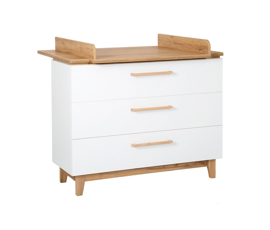 Weisse Kommode mit drei Schubladen und Holzplatte mit Umrandung. Roba Wickelkommode »Finn«
